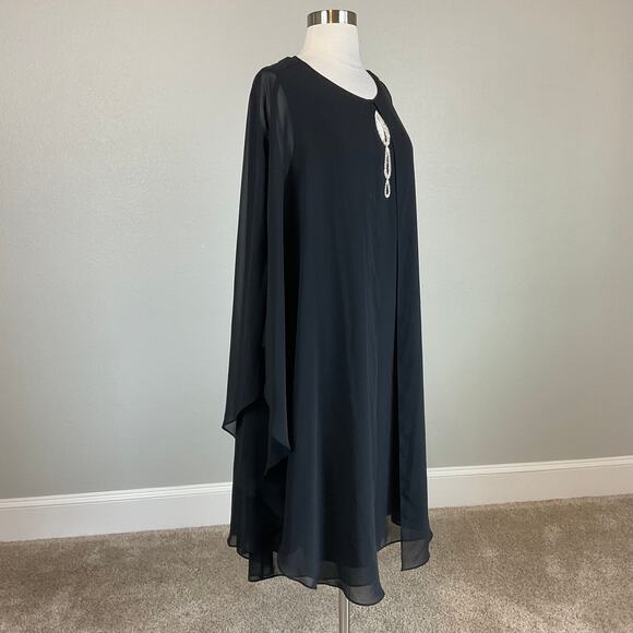 Black Beaded Chiffon Shift Cocktail Dress with Capelet Size 16W SLNY Cut Out - Picture 2 of 13